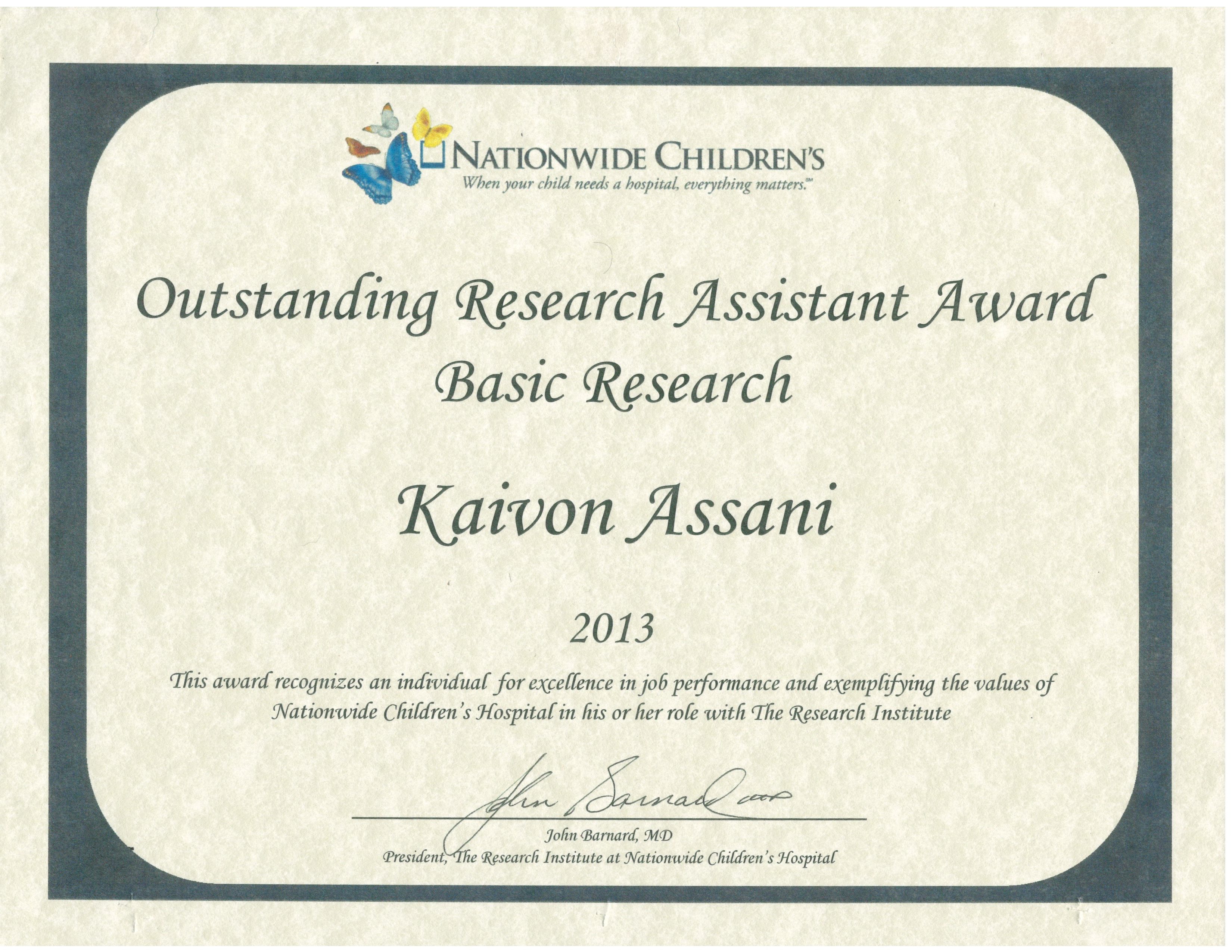 NCH Outstanding Research Assistant Award